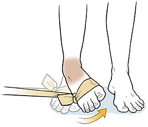 Foot with elastic band around the forefoot doing ankle inversion exercises.
