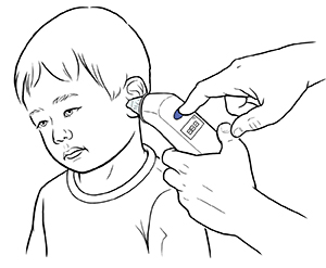 Hands holding digital tympanic thermometer in child's ear and pressing power button.