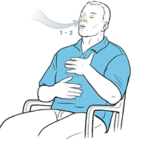 Man sitting in chair inhaling through nose.