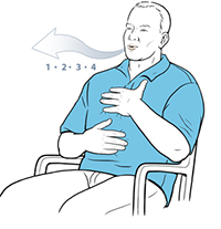 Man sitting in chair exhaling through mouth.