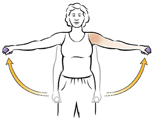 Woman doing dumbbell lateral shoulder raise exercise.