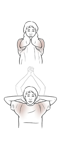 Woman doing chicken wing exercise.