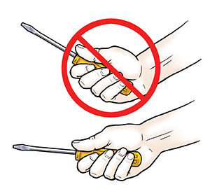 Hand holding screwdriver with wrist bent and euroslash indicating not to do this. Hand holding screwdriver with wrist in neutral position.