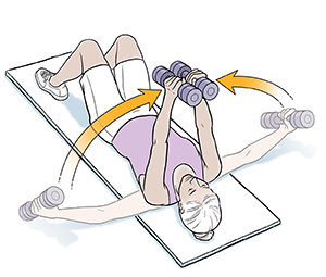 Woman lying on back with knees bent doing chest fly exercise with hand weights.