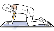 Man on all fours with left arm lifted to side doing reach and hold exercise. 