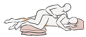 Sex position showing figure lying on side with one leg bent and pillows supporting bent leg and head. Another figure is lying on side behind first figure, with one leg bent.
