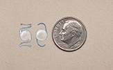 Intraocular lenses next to a dime for size comparison.