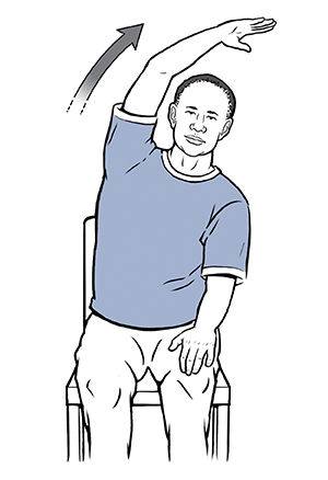 Man sitting in chair doing side stretch exercise.