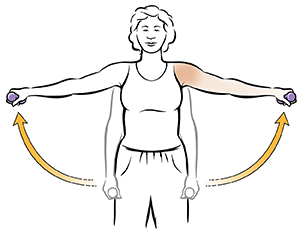 Mujer haciendo ejercicios de elevación lateral del hombro con una mancuerna.