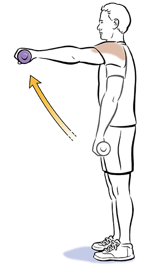 Hombre de pie, con pesas de mano y los brazos a los lados. La imagen fantasma de los brazos muestra los brazos elevados hacia el frente a la altura del hombro.