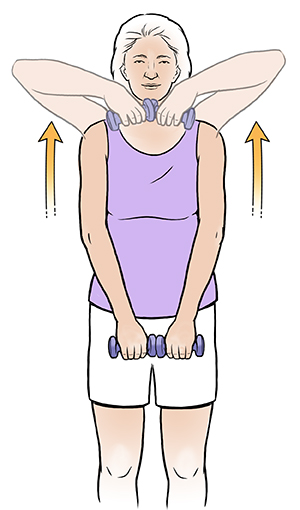 Mujer haciendo ejercicio de remo vertical con pesas de mano.
