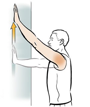 Hombre haciendo un ejercicio de hombros en que se suben los brazos por la pared.