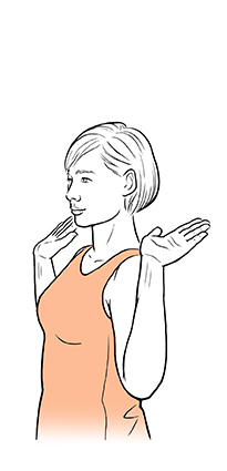 Mujer con los brazos hacia los lados, los codos flexionados, las palmas hacia arriba.