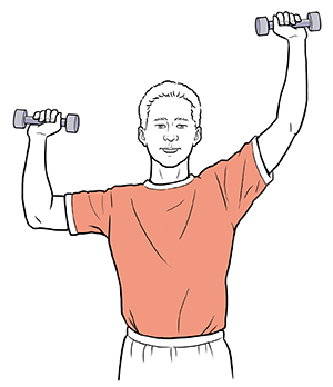 Un hombre sostiene mancuernas con un codo al nivel del hombro y las palmas hacia el frente. El otro brazo está levantado.