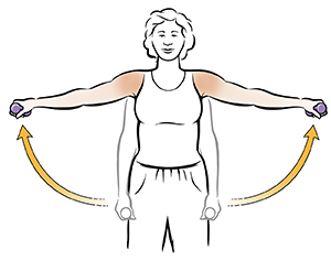 Mujer haciendo ejercicio de elevación lateral de los hombros con mancuernas.
