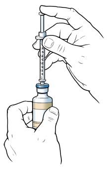 Hands holding syringe and vial. Syringe is being inserted in vial.