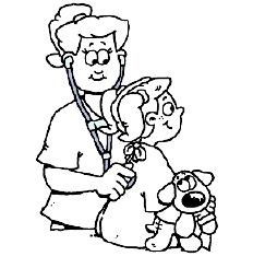 Una proveedora de atención médica sostiene un estetoscopio sobre la espalda de una niña.