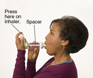Mujer que usa un inhalador de dosis medida con un espaciador.