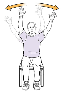 Hombre sentado en una silla haciendo un ejercicio de saludar con las manos.