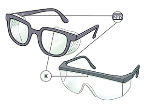 Anteojos de seguridad y anteojos de seguridad recetados en los que se ven las impresiones en el marco y la marca de seguridad de los lentes.