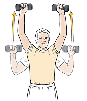 Hombre hace un ejercicio de empuje con los hombros usando mancuernas.