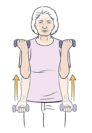 Mujer hace un ejercicio de flexiones de bíceps usando mancuernas. 