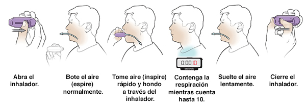Seis pasos para usar un inhalador Diskus de polvo seco.